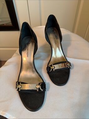 Etienne Aigner Black Open-Toe Heels with Gold Accent